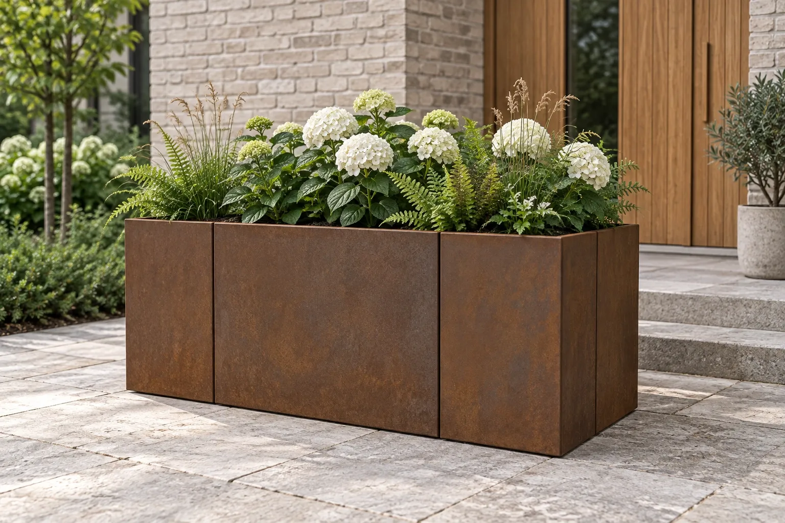 Kompakt planteringsram i corten med grönska vid en husentré.