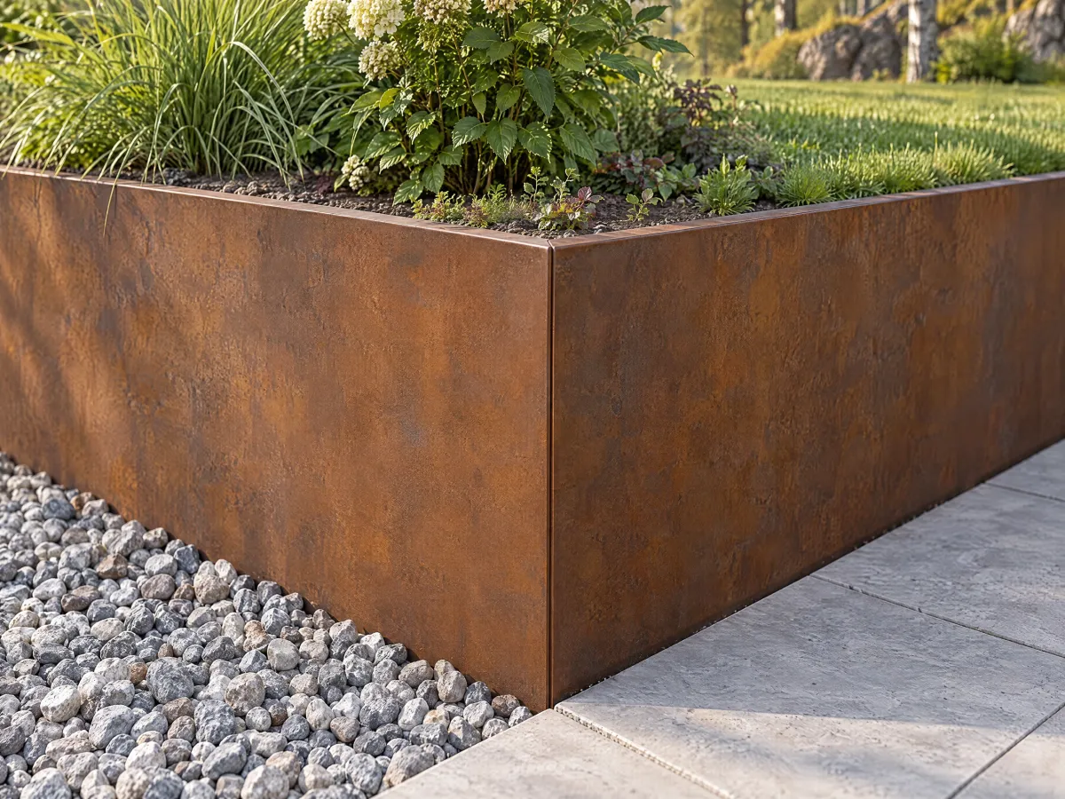 Närbild av ett utvändigt 90-gradershörn i corten med grus och stenläggning framför.