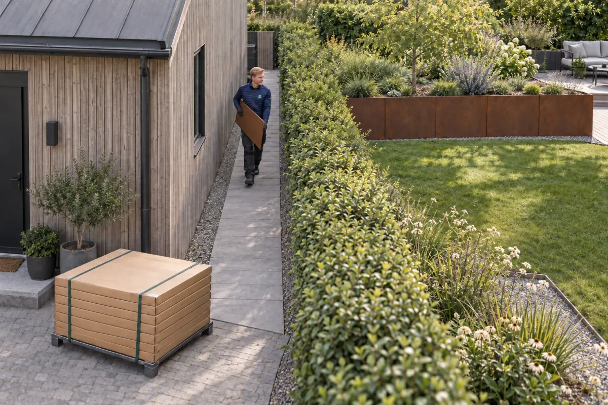 Platta paket och lösa delar till en stödmur vid en smal passage.